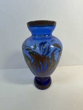 Vintage Cobalt Blue Glass Vase with Silver Overlay Floral‎ Design 6.5”
